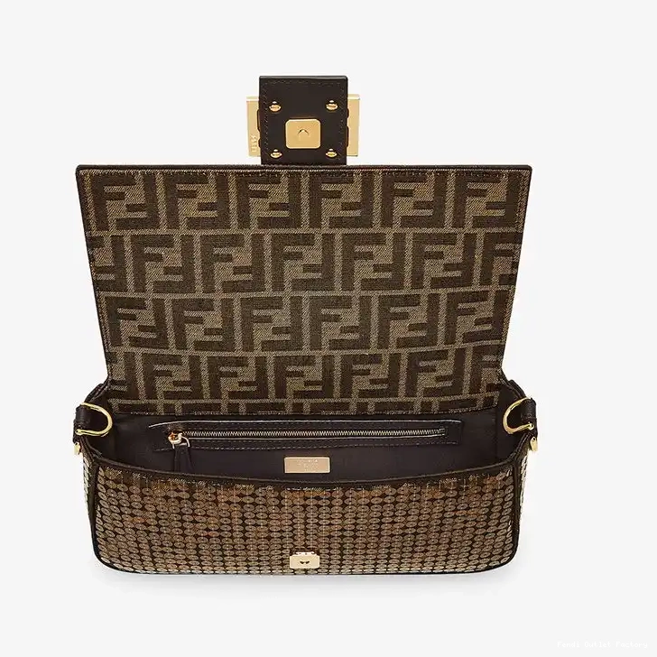 Cheap HOT Fabric FF Medium with Bag Sequins Baguette Motif Brown Fendi In 0701